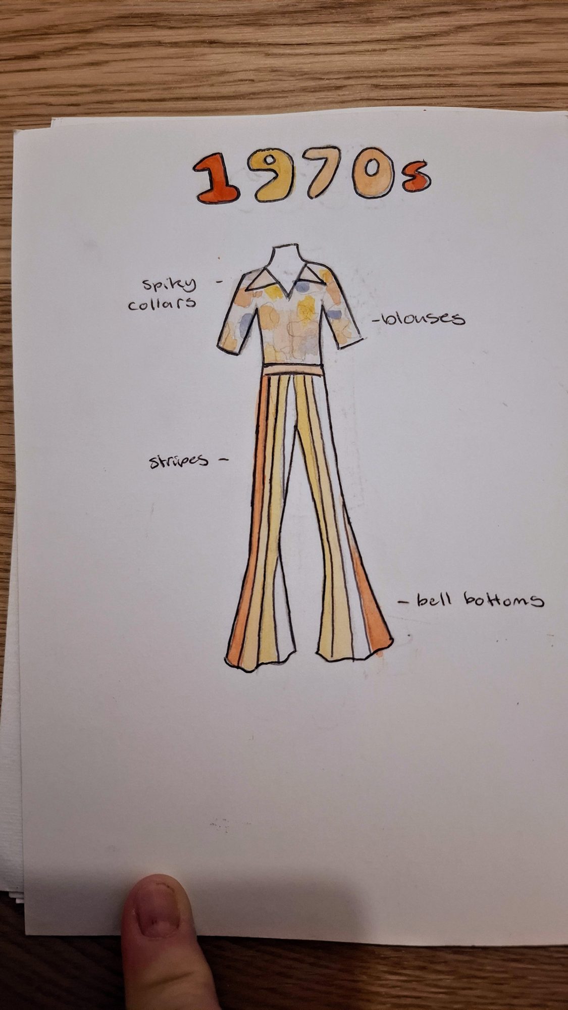 1970s fashion illustration: patterned blouse and striped bell-bottoms