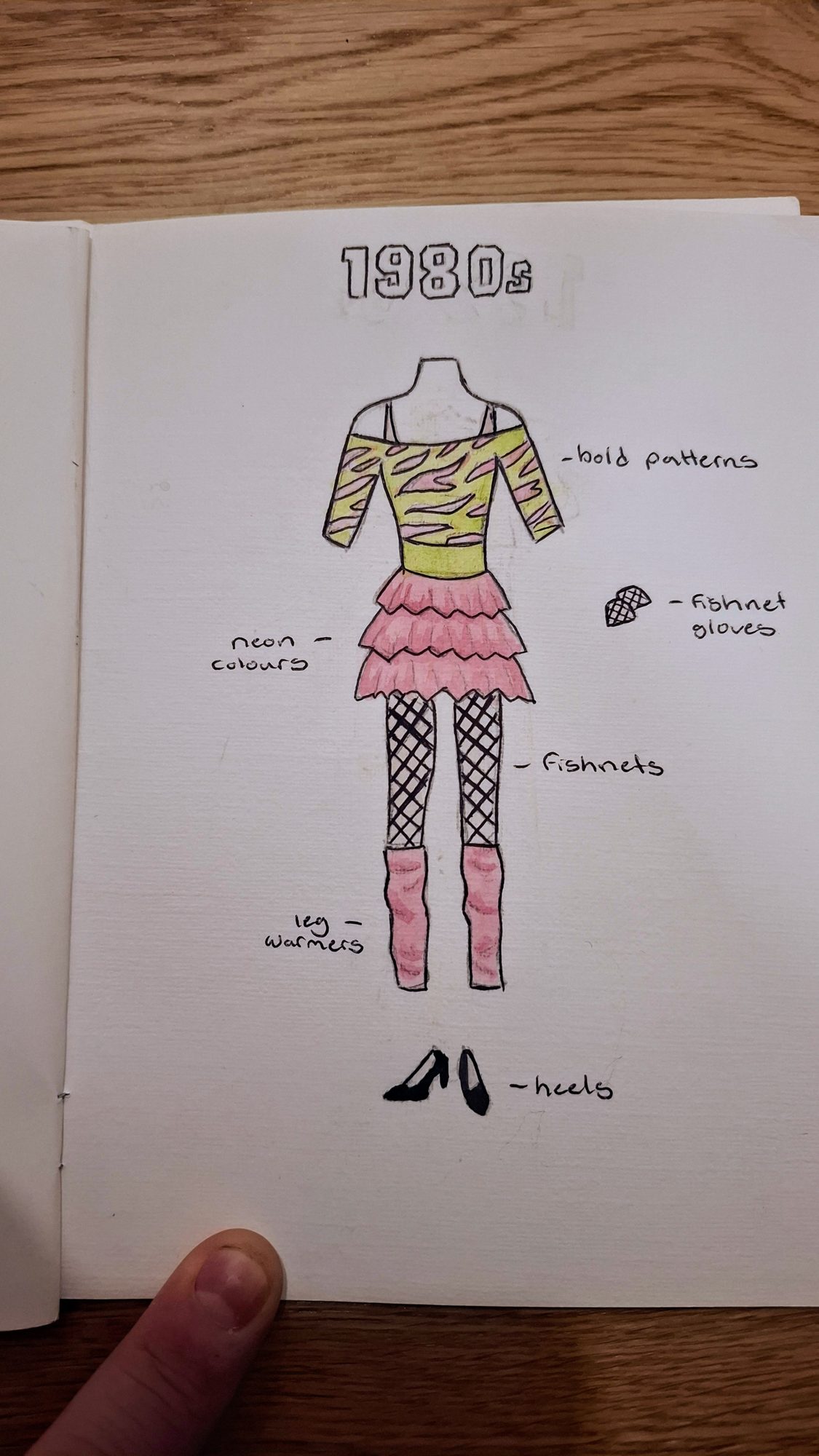 1980s fashion illustration: neon top, ruffled skirt, fishnets