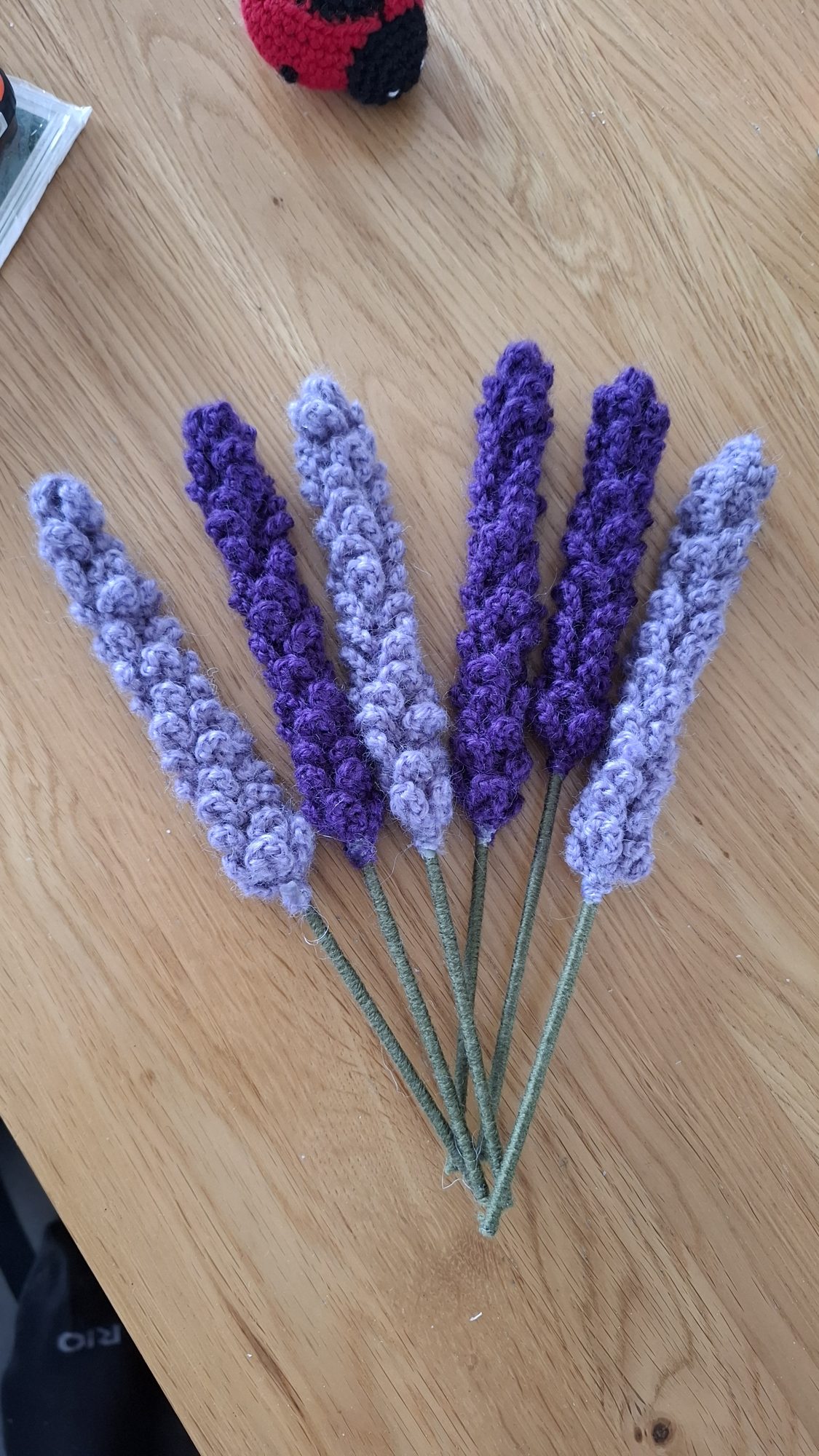 Crocheted lavender stems in shades of purple