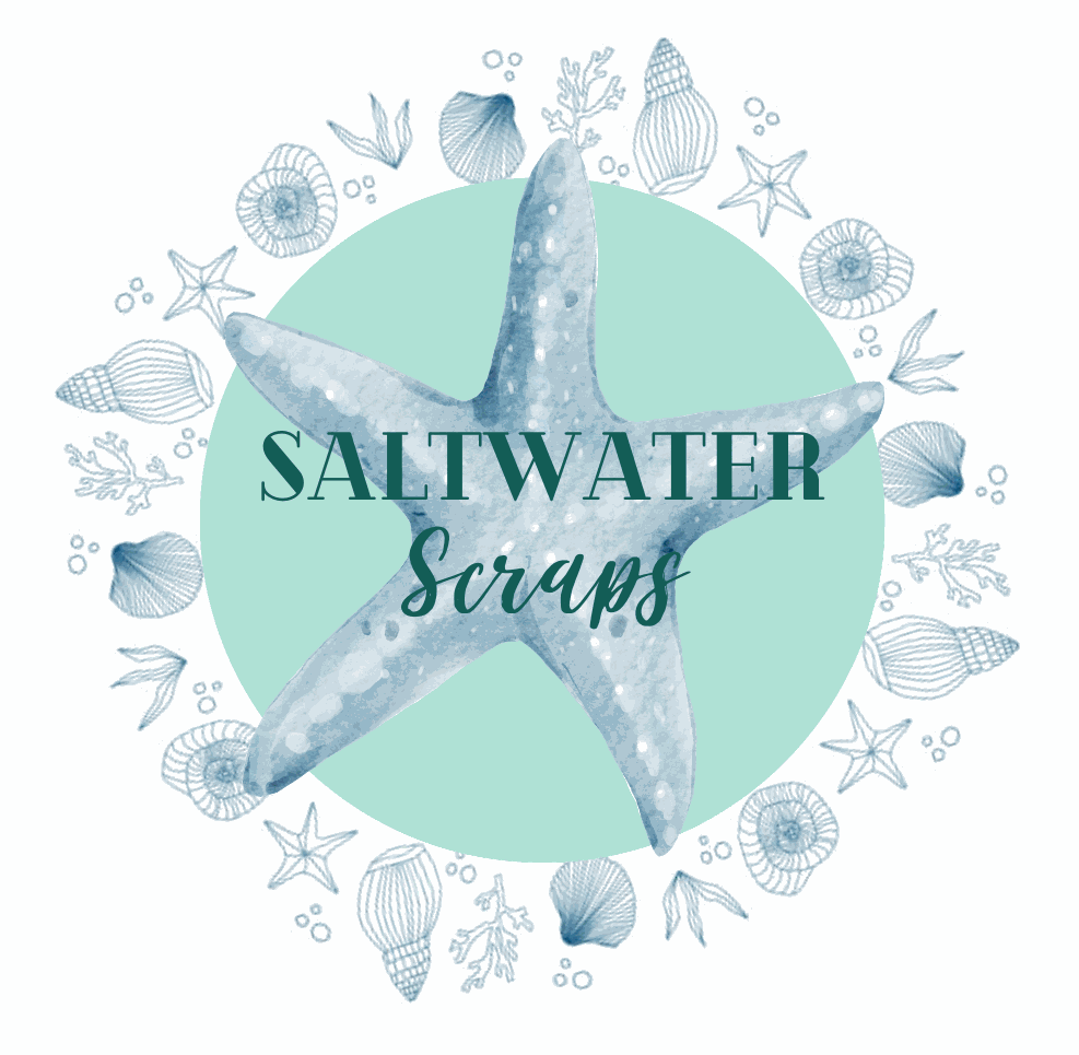 The Saltwater Scraps logo — a watercolour starfish in a wreath of shells